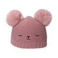 Pink knit winter hat for toddler girls with double pom-poms and cute animal face embroidery - 52-54cm / Pink