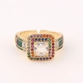 Adjustable gold ring with large square clear zircon and colorful rainbow halo of stones - Adjustable Open / Rainbow Square Large Main Stone Style (Style 2)