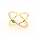 Elegant gold-tone cross ring featuring a pear-cut emerald green stone and white zircon - Adjustable Open / Green Pear Shape Cross Style (Style 7)