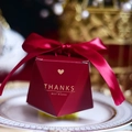 Elegant red geometric wedding candy box with gold heart print and silk ribbon - Small Diamond / Burgundy [Burgundy Ribbon]