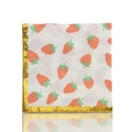 Detail of disposable paper napkin with strawberry pattern and elegant gold scalloped edges - Large Strawberry Napkins