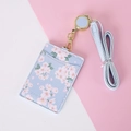 Light blue PU leather ID card holder with cherry blossom print and lanyard - Blue