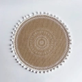 Beige round woven placemat with white mandala print and pom-pom lace edge trim - White Pom Pom Style 1