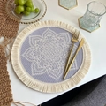 Round grey-blue woven placemat with white mandala pattern and fringe tassels decoration - Bohemian Style No.3 Placemat (Grey Blue)