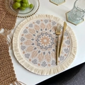 Beige round woven placemat with orange geometric patterns and stylish fringes - Bohemian Style No.5 Placemat (Beige Orange Grey)