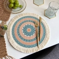 Bohemian mandala round woven placemat in teal and orange with tassel fringe trim - Bohemian Style No.10 Placemat (Beige Cyan Orange Mandala)