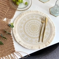 Beige and gold mandala woven place mat with cotton fringe in a bohemian dining setting - Bohemian Style No.2 Placemat (Beige Gold)