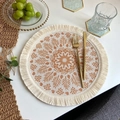 Boho round woven placemat with orange mandala pattern and decorative tassels - Bohemian Style No.6 Placemat (Orange Brown Mandala)