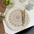 Bohemian round woven placemat with yellow mandala pattern and fringe detail - Bohemian Style No.9 Placemat (Yellow Grey Mandala)