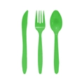 Close-up of disposable green plastic cutlery set for soccer themed birthday party decor - Green Forks