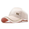 Detail of light pink satin baseball cap with gold metal M letter and metallic trim - Adjustable / Light Pink