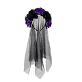 Detailed view of Gothic black mesh veil headband with five dark purple roses for Halloween - Black and Purple