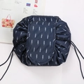 Navy blue drawstring makeup bag, portable travel wash bag with white leaf print variant. - Navy Blue Feather