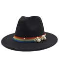 Detail of black wool fedora with rainbow ribbon, white pearls and floral decoration - M (56-58cm) / Black