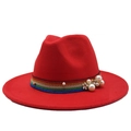 Detailed view of red wool felt fedora with rainbow band and white pearl accents - M (56-58cm) / Red