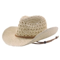 Men's western straw cowboy hat in beige weave with brown adjustable chin strap - 58cm / Beige