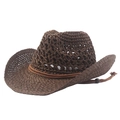 Dark brown hand-woven straw western cowboy hat with adjustable chin strap and chin bead - 58cm / Coffee