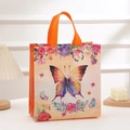 Orange non-woven shopping bag featuring colorful butterfly and flower prints - 23*22*11cm / 3001-3 (Orange Butterfly)