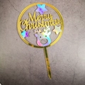 Macro detail of golden acrylic Merry Christmas cake topper with holographic reindeer and stars - Style 258 / Mirror Gold