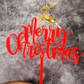 Double-layer acrylic Merry Christmas cake topper with a holographic golden reindeer - Red