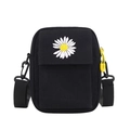 Black canvas mini crossbody bag with daisy embroidery and adjustable strap for women - Black