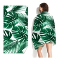 Quick-dry microfiber beach towel featuring green tropical palm leaf print on white - Simple Green Leaves (Single-sided Print with PE Bag)