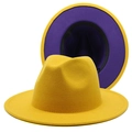 Detail showing bright yellow wool fedora hat with vibrant purple underbrim contrast - Yellow Outside Purple Bottom