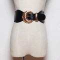 Detail of black wide belt with crocodile pattern PU leather and golden shell buckle - 60-80cm / Black