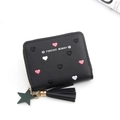 Black leather short wallet for women featuring heart embroidery and tassel star charm - Black