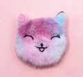 Detailed view of plush cat coin purse with rainbow gradient fur and silver bead chain - Happy Expression