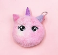 Close-up of pink plush unicorn purse with sequin horn and metal ball chain accessory - Big Eyes Pink