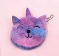 Detail of plush unicat coin purse with tie-dye fabric and sparkly pink sequin unicorn horn - Squinting Expression Style