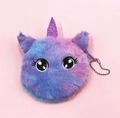 Detail of plush unicorn coin purse featuring colorful faux fur and embroidered eyes - Big Eyes Purple