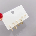 Three-pair gold earring set with stud, zircon hoop and LOVE engraved band on card - Gold