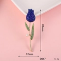 Elegant 70mm tulip flower brooch with blue rhinestones and pearl on gold alloy stem - D047 Slim Tulip (Blue)
