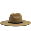 Classic camel wool fedora hat with a wide brim and black leather band with a gold rivet - M (56-58cm) / Light Khaki