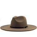 Classic brown wide brim wool fedora hat with black leather band and gold buckle - M (56-58cm) / Dark Khaki