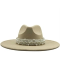 Elegant wide brim wool jazz fedora hat in beige with decorative faux pearl band - M (56-58cm) / Beige