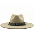 Chic beige wide brim wool fedora hat featuring boho ethnic beaded band and turquoise stone - M (56-58cm) / Beige