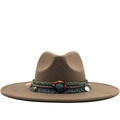 Brown wool felt fedora with ethnic beaded band and turquoise accent on white background - M (56-58cm) / Dark Khaki