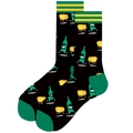 Mid-calf black socks featuring cartoon running wine bottle and cheese patterns - Bottle Cheese Race