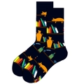 Dark blue crew socks featuring colorful patterns of books and orange cats on white background - Book Stand
