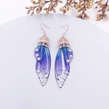 Detailed macro view of blue-purple gradient butterfly wing earrings with crystals - Blue Rhinestone-Rose Gold