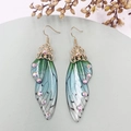 Elegant S925 silver gradient blue cicada wing earrings with sparkling rhinestones decoration - Green Rhinestone-Gold