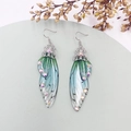 Detailed macro of gradient green cicada wing earrings with rhinestones and silver hooks - Green Rhinestone-Silver