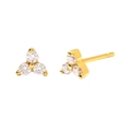 Detail view of gold S925 silver stud earrings with three white zircon stones set in clover shape - Clover Style