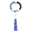 Detail of beaded keychain with purple fringe, marble beads and wooden star accessory - Style 19 (Purple Striped Tassel)