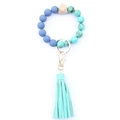 Detail of blue and marble silicone beads with wood bead and light blue leather tassel keychain - Style 27 (Blue Marble Tassel)