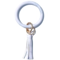 Close-up of marble pattern PU leather wristlet keychain with blue tassel and gold ring - Marble