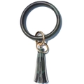 Detail of camouflage PU leather wristlet keychain with fringe tassel and gold hardware - Camouflage